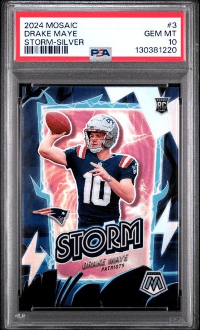 PSA 10 Drake Maye 2024 Mosaic Silver Rookie Card #3: PSA 10 Drake Maye 2024 Mosaic Silver Rookie Card #3 This is a 2024 Panini Mosaic Drake Maye #3 Storm Silver rookie football card, professionally graded PSA 10. The card features Drake Maye of the New 