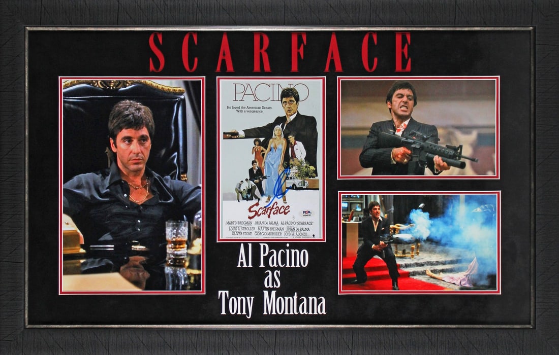 Framed 8x10 Scarface photo signed by Al Pacino PSA DNA: Framed 8x10 Scarface photo signed by Al Pacino PSA DNA This framed 8x10 photograph features an authentic autograph by Al Pacino from the film Scarface. The photo has been professionally framed, result