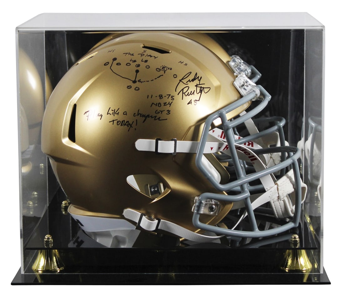 Rudy Ruettiger Signed Notre Dame Helmet with Hand Drawn Play BAS: Rudy Ruettiger Signed Notre Dame Helmet with Hand Drawn Play BAS Celebrate the spirit of college football with this remarkable autographed full-size Riddell Speed replica helmet, signed by Rudy Ruetti