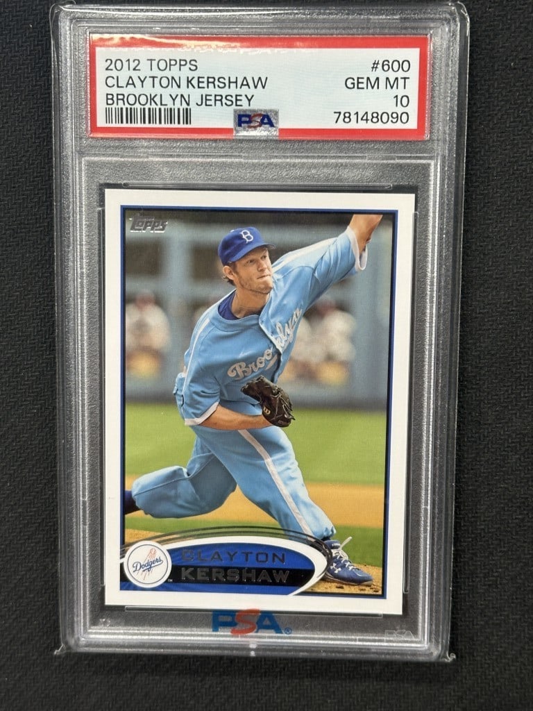 Clayton Kershaw 2012 Topps Brooklyn Jersey PSA 10 Dodgers Baseball Card: Clayton Kershaw 2012 Topps Brooklyn Jersey PSA 10 Dodgers Baseball Card This is a 2012 Topps Brooklyn Jersey baseball card featuring Clayton Kershaw, a star pitcher for the Los Angeles Dodgers. The ca