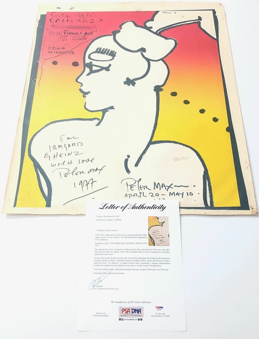 Peter Max Autographed 23x28 Poster PSA/DNA Certified: Peter Max Autographed 23x28 Poster PSA/DNA Certified This is an original 23x28 poster autographed by renowned artist Peter Max. The signature has been authenticated by PSA/DNA, ensuring its authentici