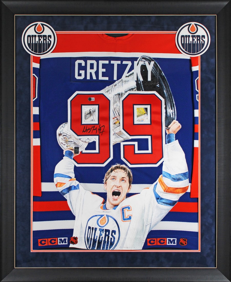 Framed Wayne Gretzky autographed Edmonton Oilers jersey BAS: Framed Wayne Gretzky autographed Edmonton Oilers jersey BAS This is a limited edition, one-of-a-kind Edmonton Oilers blue CCM jersey that has been hand painted by William Zavala and personally signed 