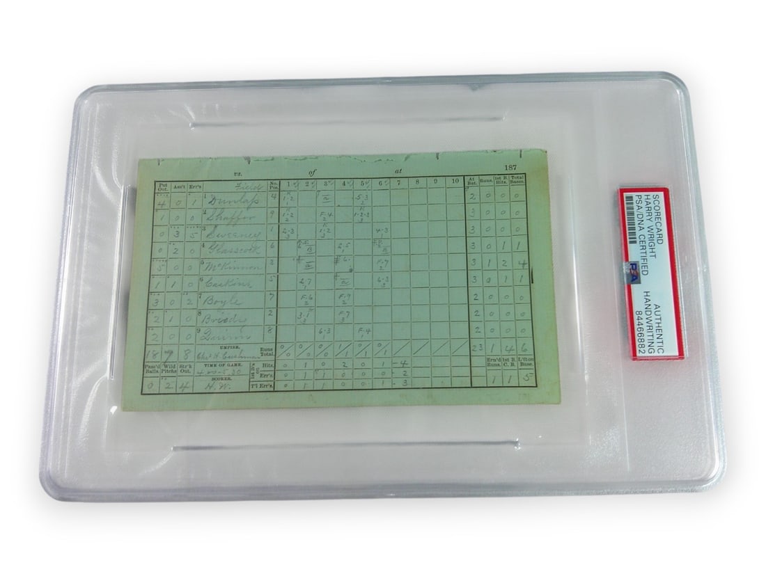 Handwritten 1885 Scorecard Signed by Harry Wright Beckett Authenticated: Handwritten 1885 Scorecard Signed by Harry Wright Beckett Authenticated This is an original 1885 scorecard that has been hand written and autographed by Harry Wright. The scorecard documents two games