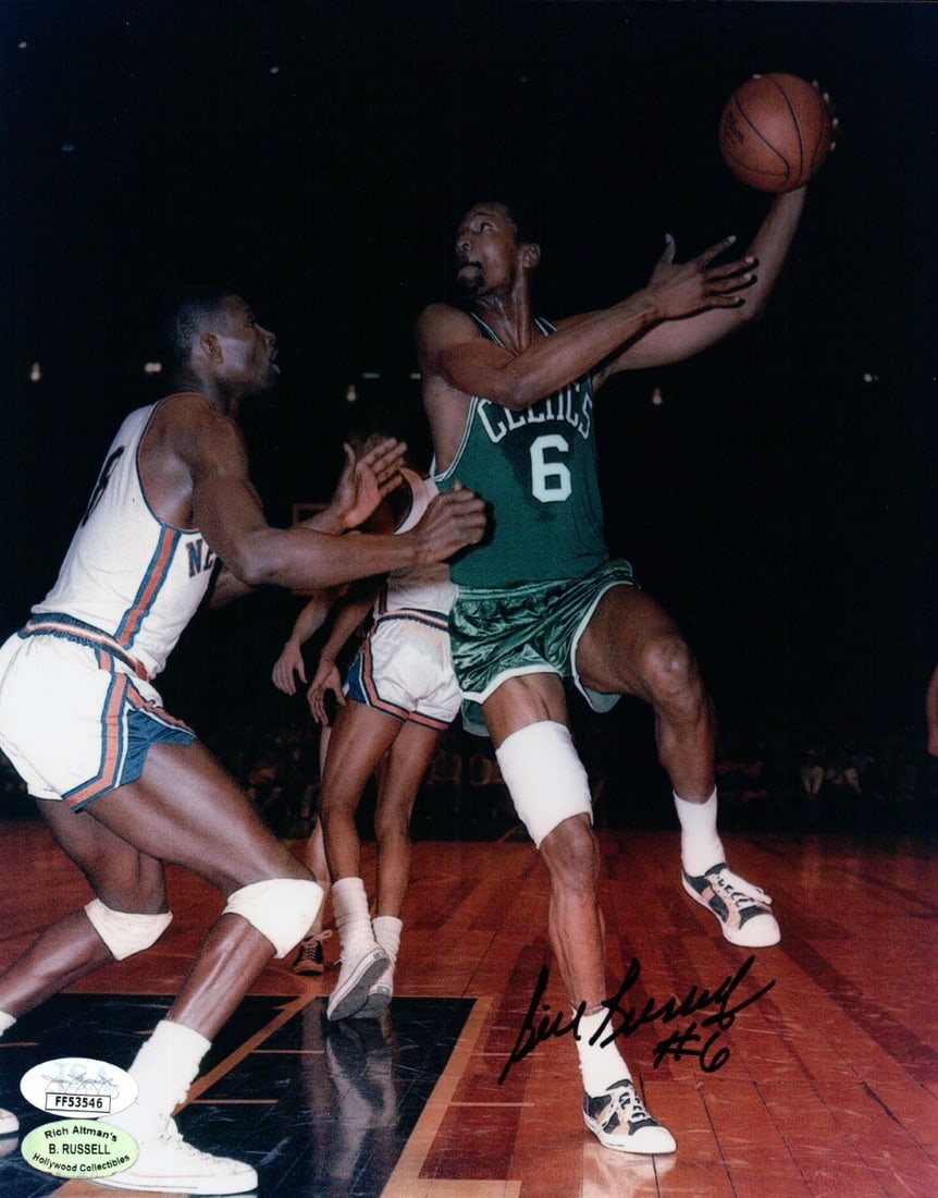 Bill Russell Autographed 8X10 Photo Celtics Hook Shot JSA Authenticated: Bill Russell Autographed 8X10 Photo Celtics Hook Shot JSA Authenticated This is an authentic, autographed 8x10 photo of legendary basketball player Bill Russell, showcasing his iconic hook shot. The p