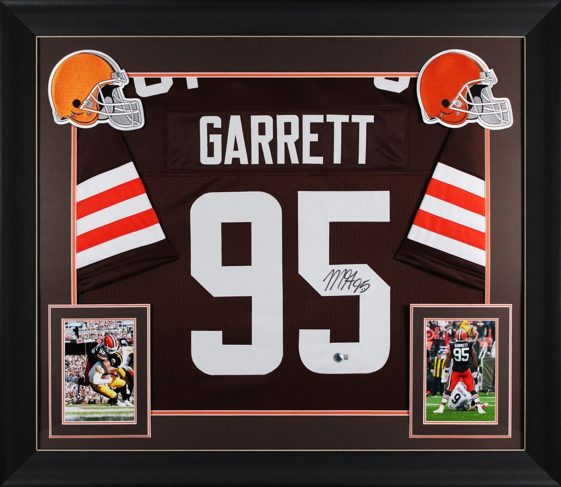 Framed Cleveland Browns Jersey Signed by Myles Garrett Beckett Witnessed: Framed Cleveland Browns Jersey Signed by Myles Garrett Beckett Witnessed This authentic brown pro style jersey has been personally signed by Myles Garrett of the Cleveland Browns. The jersey is profes