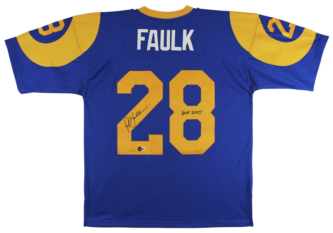 Marshall Faulk Signed Blue M&N Jersey HOF 20XI St. Louis Rams BAS Authenticated: Marshall Faulk Signed Blue M&N Jersey HOF 20XI St. Louis Rams BAS Authenticated Celebrate the legacy of Marshall Faulk with this authentic, blue Mitchell & Ness jersey, personally signed and inscribed