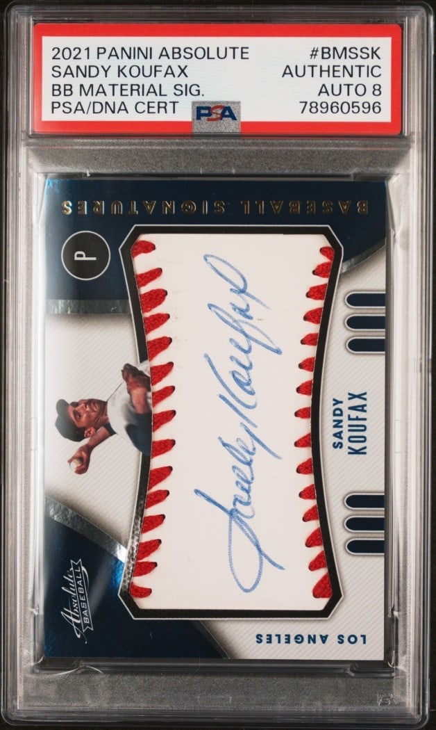 Sandy Koufax 2021 Panini Absolute Baseball Card PSA 8 #BMSSK Limited Edition 9/25: Sandy Koufax 2021 Panini Absolute Baseball Card PSA 8 #BMSSK Limited Edition 9/25 This is a 2021 Panini Absolute Baseball Materials trading card featuring Sandy Koufax, a legendary player for the Los 