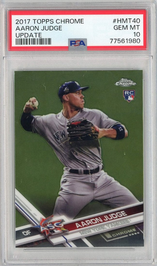 2017 Topps Chrome Aaron Judge Rookie Card PSA 10 Graded MLB: 2017 Topps Chrome Aaron Judge Rookie Card PSA 10 Graded MLB This is a graded 2017 Topps Chrome Aaron Judge #HMT40 Update Rookie Baseball Card, featuring one of the MLB's standout players, Aaron Judge 