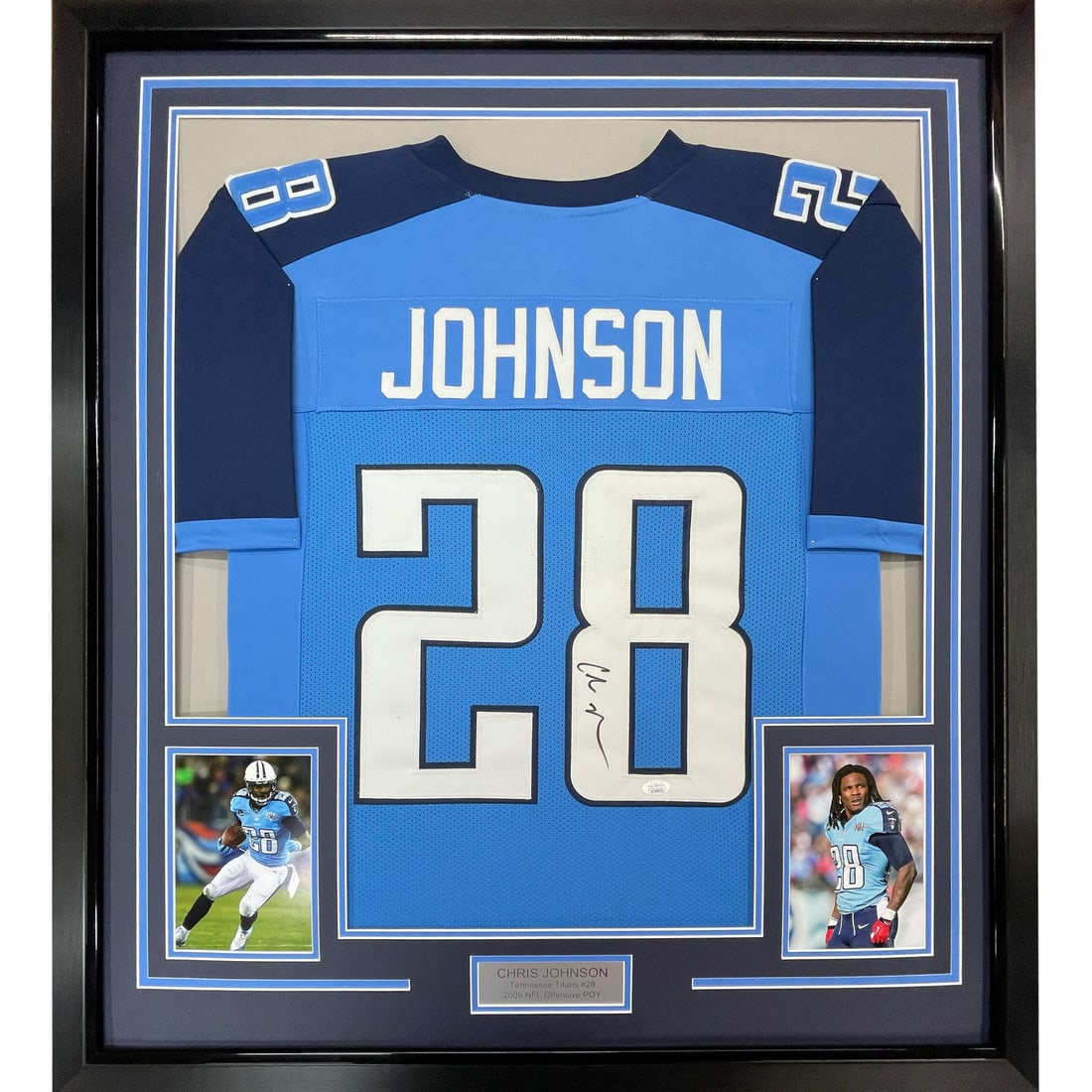 Framed Chris Johnson autographed Tennessee Titans jersey JSA COA 33x42: Framed Chris Johnson autographed Tennessee Titans jersey JSA COA 33x42 This professionally framed and matted Tennessee Titans powder blue jersey is autographed by Chris Johnson. The display includes t