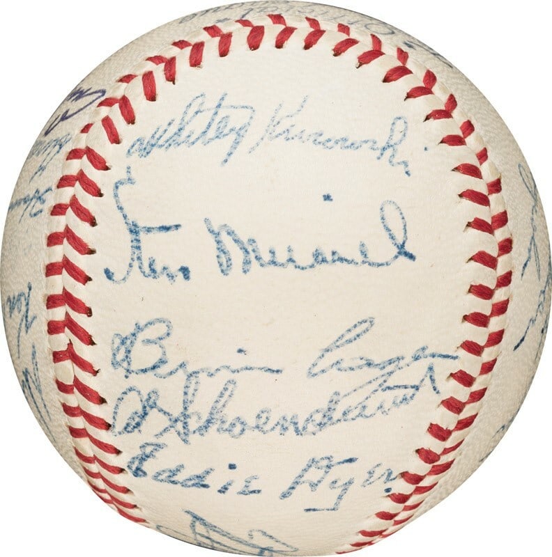 1947 St. Louis Cardinals Team Signed Baseball with Stan Musial PSA JSA COA: 1947 St. Louis Cardinals Team Signed Baseball with Stan Musial PSA JSA COA This 1947 St. Louis Cardinals team signed baseball is a remarkable collectible, featuring the signatures of 20 members of the