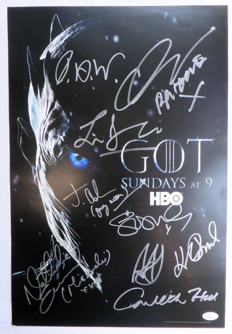 Poster Signed by 9 Game of Thrones Cast Members JSA Authenticated: Poster Signed by 9 Game of Thrones Cast Members JSA Authenticated This is an original Game of Thrones cast autographed poster, signed by nine cast members at a past Comic-Con private event. The signat