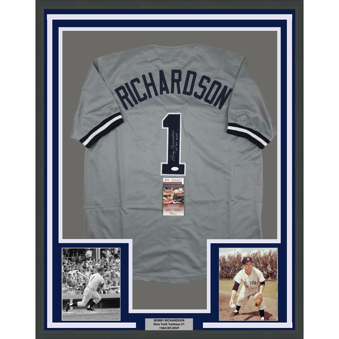 Bobby Richardson Signed Yankees Jersey Display 35x39 Framed with JSA Authentication: Bobby Richardson Signed Yankees Jersey Display 35x39 Framed with JSA Authentication This framed display features a New York Yankees grey jersey autographed by Bobby Richardson. The jersey is professio