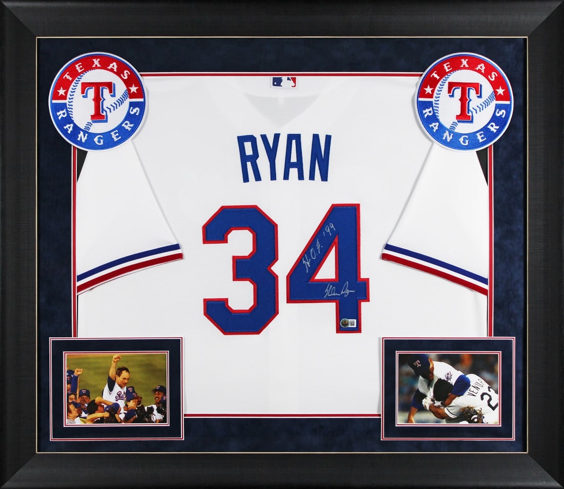 Nolan Ryan HOF 99 Signed Framed Jersey Texas Rangers Beckett Authenticated: Nolan Ryan HOF 99 Signed Framed Jersey Texas Rangers Beckett Authenticated This authentic white Nike jersey has been personally signed by legendary pitcher Nolan Ryan, featuring the inscription "HOF 9