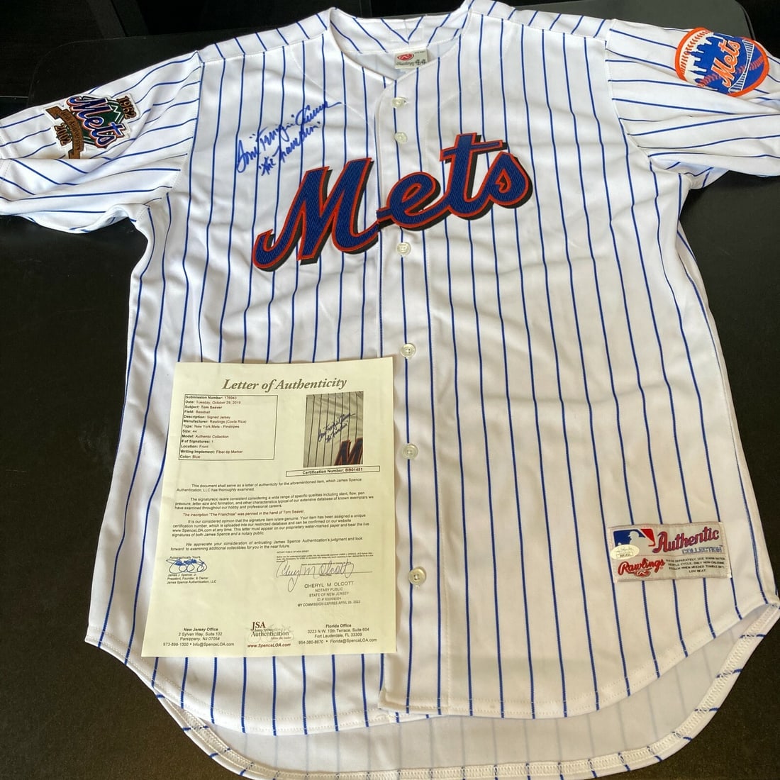Tom Seaver Signed Inscribed NY Mets Jersey JSA COA: Tom Seaver Signed Inscribed NY Mets Jersey JSA COA This is an original signed and inscribed jersey of Tom Seaver, affectionately known as "Tom Terrific, The Franchise." This authentic NY Mets jersey f