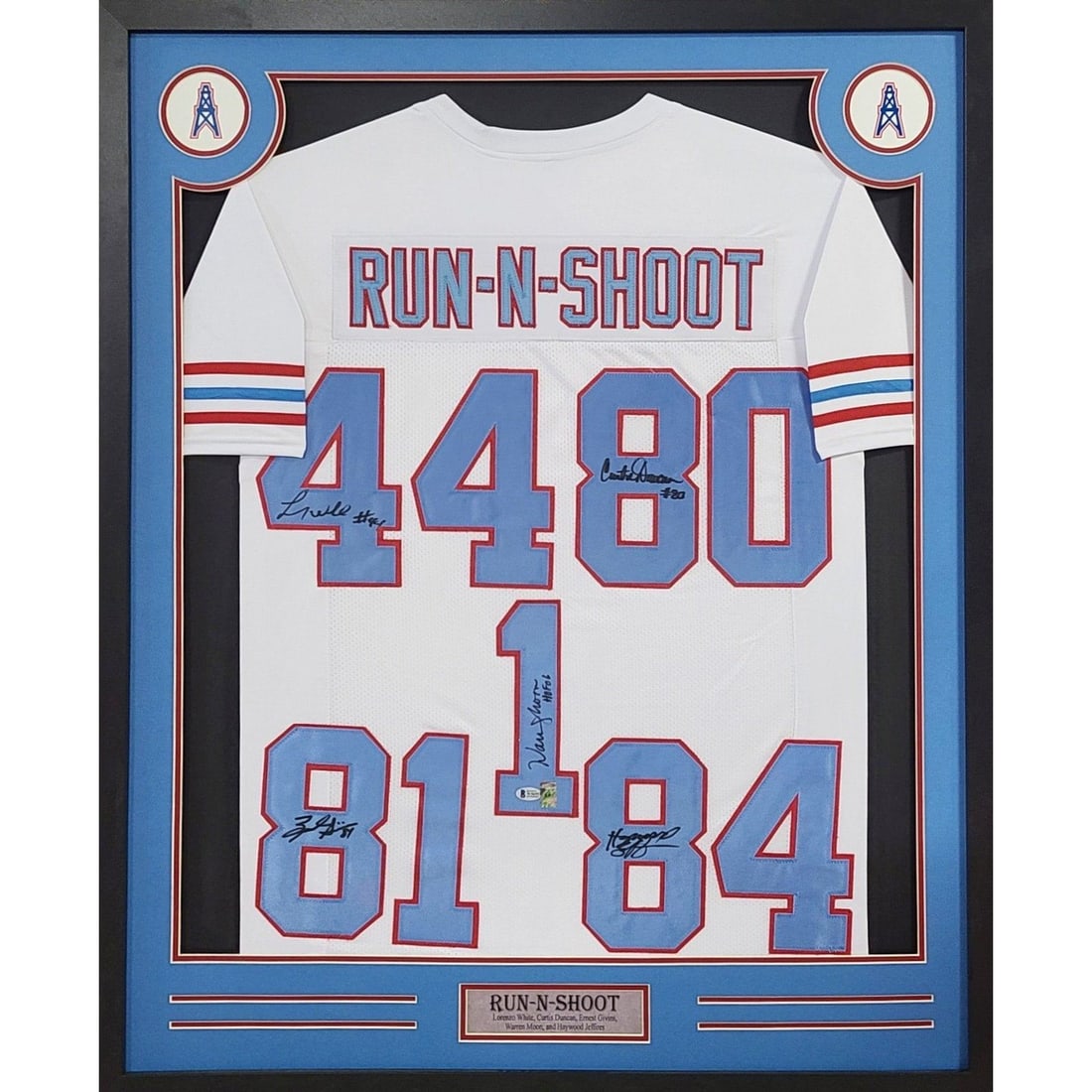 Houston Oilers Framed Signed Jersey Beckett Authenticated Run & Shoot Offense: Houston Oilers Framed Signed Jersey Beckett Authenticated Run & Shoot Offense This stunning framed jersey commemorates the iconic Run & Shoot offense of the Houston Oilers, featuring the autographs of