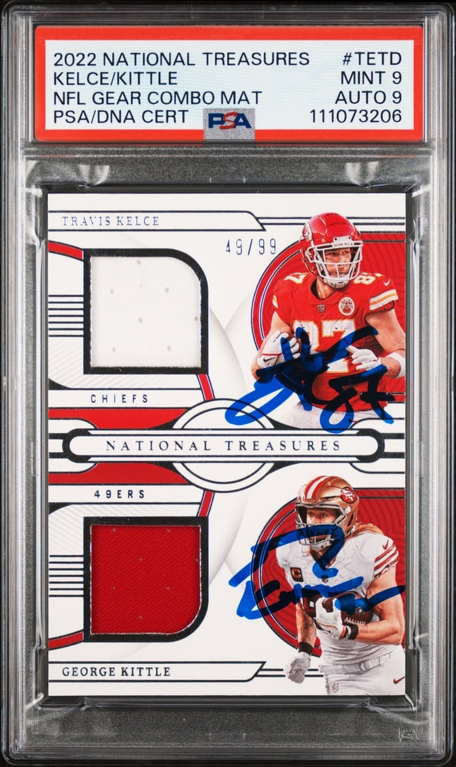 Travis Kelce George Kittle Signed 2022 NT Card #TETD Mint 9 PSA: Travis Kelce George Kittle Signed 2022 NT Card #TETD Mint 9 PSA This is a remarkable collectible for football fans: a 2022 National Treasures NFL Gear Combo Materials card featuring the signatures of 