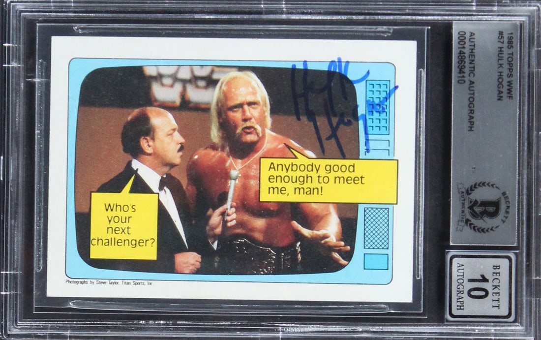 Hulk Hogan Signed 1985 Topps WWF Rookie Card Gem Mint 10 BAS Authenticated: Hulk Hogan Signed 1985 Topps WWF Rookie Card Gem Mint 10 BAS Authenticated This is an authentic signed 1985 Topps WWF #57 rookie card of Hulk Hogan, graded as Gem Mint 10 by Beckett Authentication Ser