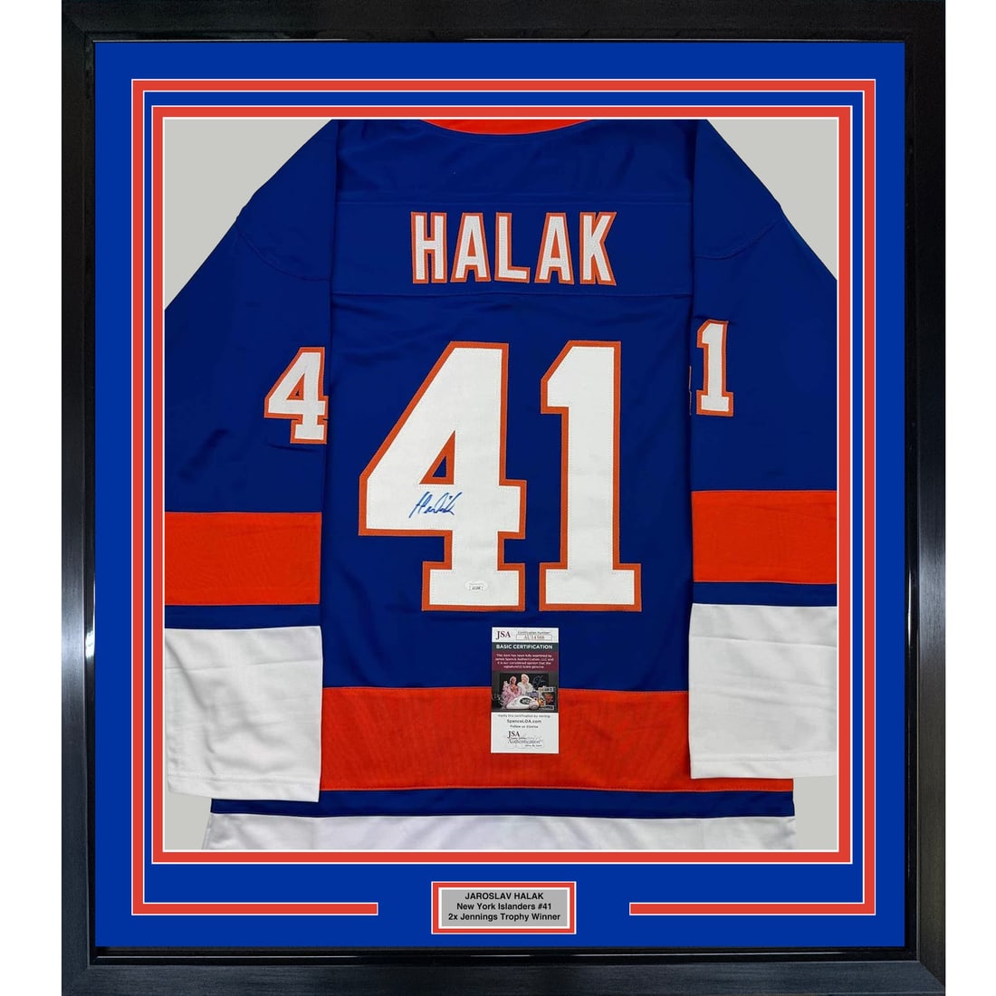 Framed Autographed Jaroslav Halak New York Islanders Jersey with JSA COA: Framed Autographed Jaroslav Halak New York Islanders Jersey with JSA COA This professionally framed and matted display features an autographed New York Islanders jersey by Jaroslav Halak, an NHL athle