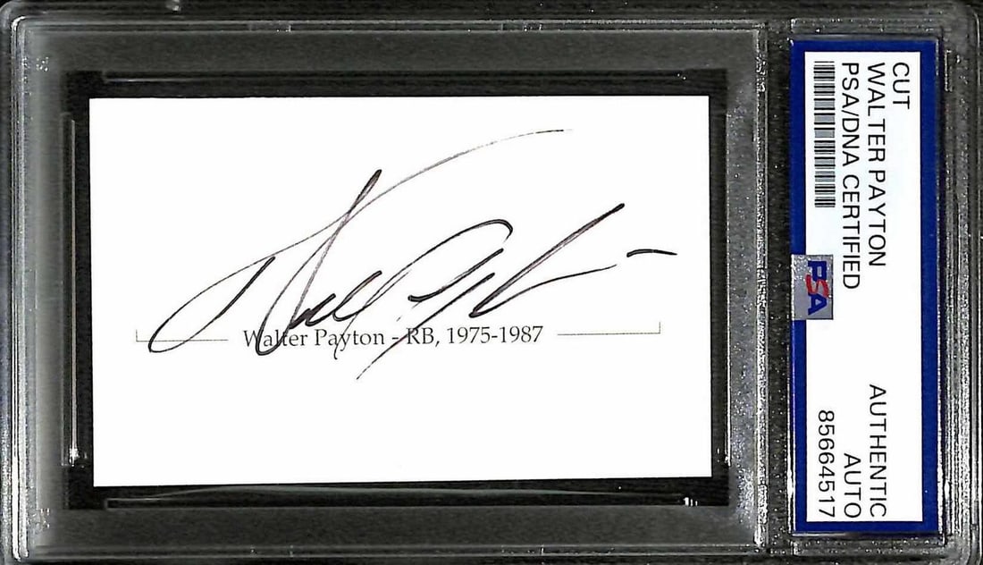 PSA DNA certified Walter Payton signed cut autograph: PSA DNA certified Walter Payton signed cut autograph This item is a cut autograph hand-signed by legendary Chicago Bears running back Walter Payton. The signature is authenticated and encapsulated by 