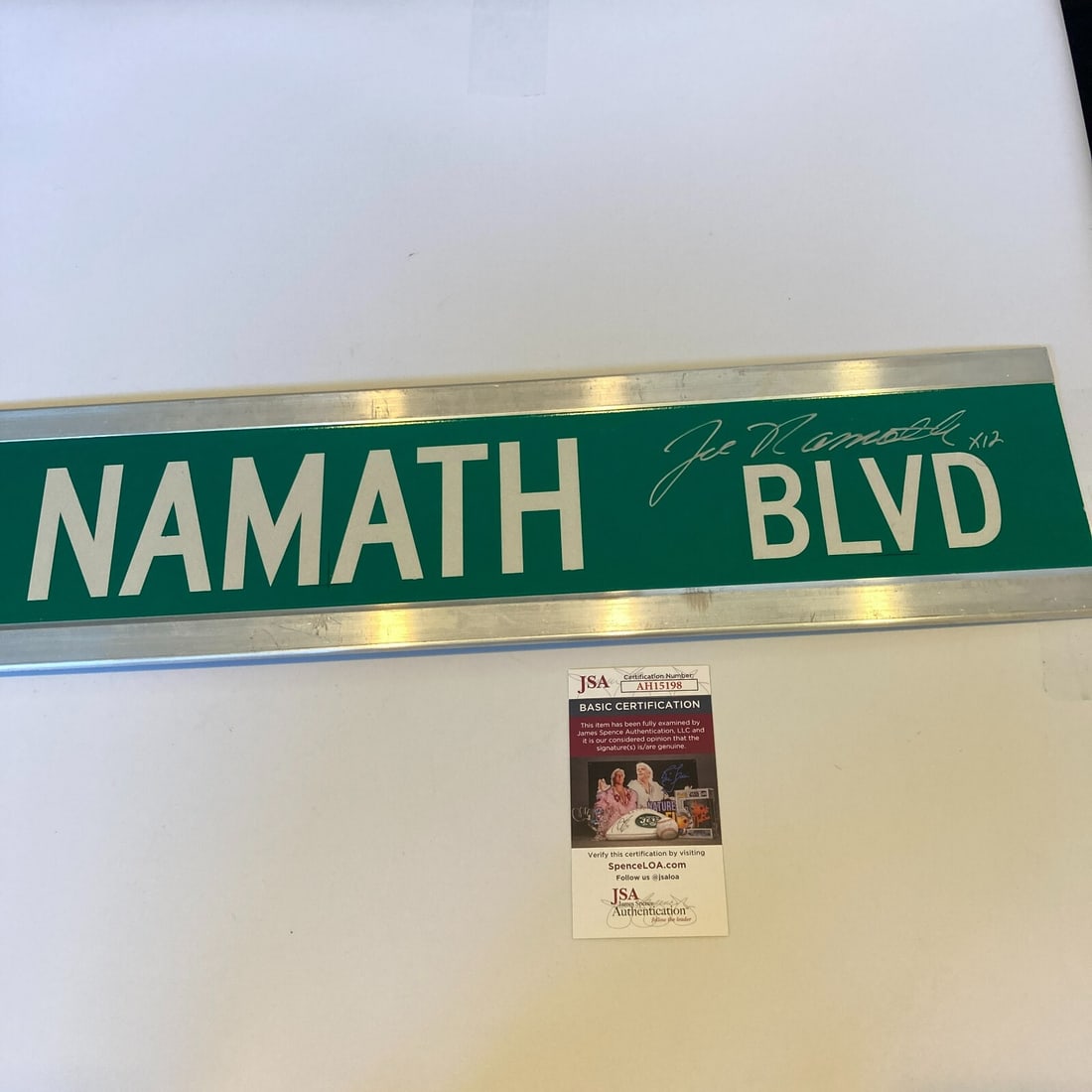 Joe Namath Signed 6x30 Street Sign with JSA COA: Joe Namath Signed 6x30 Street Sign with JSA COA This is an authentic Joe Namath signed 6x30 street sign, featuring the name 'Joe Namath BLVD'. The street sign is a full-size, double-sided piece that s