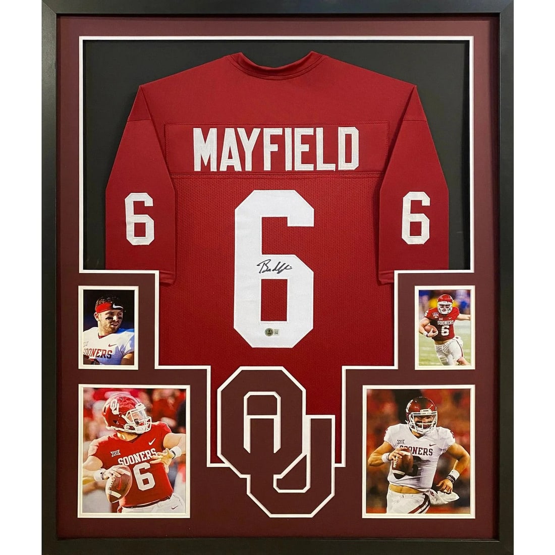 Framed Baker Mayfield Oklahoma OU Autographed Jersey Beckett: Framed Baker Mayfield Oklahoma OU Autographed Jersey Beckett This is a framed Oklahoma Sooners jersey autographed by Baker Mayfield. The jersey has been authenticated by Beckett and includes a tamper-