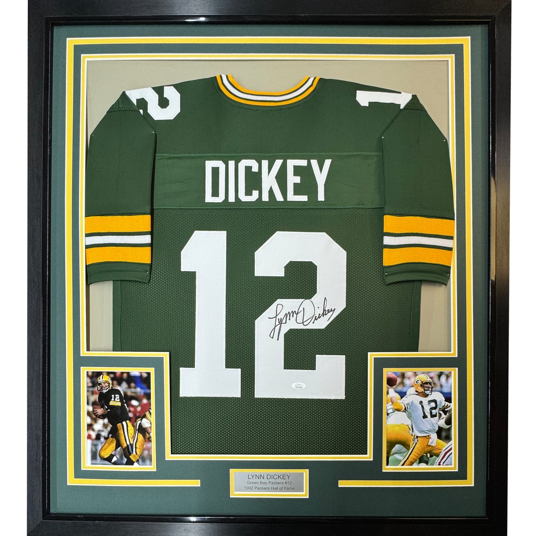 Framed Lynn Dickey signed Packers jersey JSA COA 33x42: Framed Lynn Dickey signed Packers jersey JSA COA 33x42 This framed Green Bay Packers jersey features the authentic signature of Lynn Dickey. The jersey has been professionally authenticated by James S
