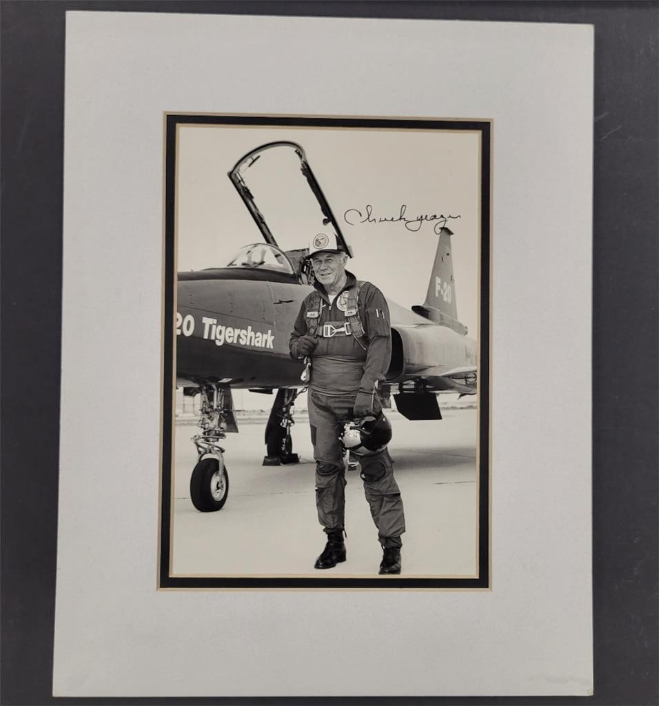 11x14 Matted Display with 8x10 Chuck Yeager Signed Photo Beckett Authenticated: 11x14 Matted Display with 8x10 Chuck Yeager Signed Photo Beckett Authenticated This display features an 8x10 photograph signed by Chuck Yeager, presented in an 11x14 mat. The autograph is authenticate