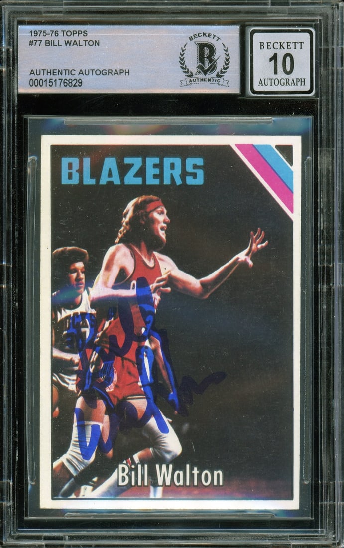 Bill Walton Hand Signed 1975 Topps Basketball Card BGS Auto Grade 10: Bill Walton Hand Signed 1975 Topps Basketball Card BGS Auto Grade 10 This is an original 1975-76 Topps #77 sports trading card featuring Bill Walton of the Portland Trail Blazers. The card is hand-sig
