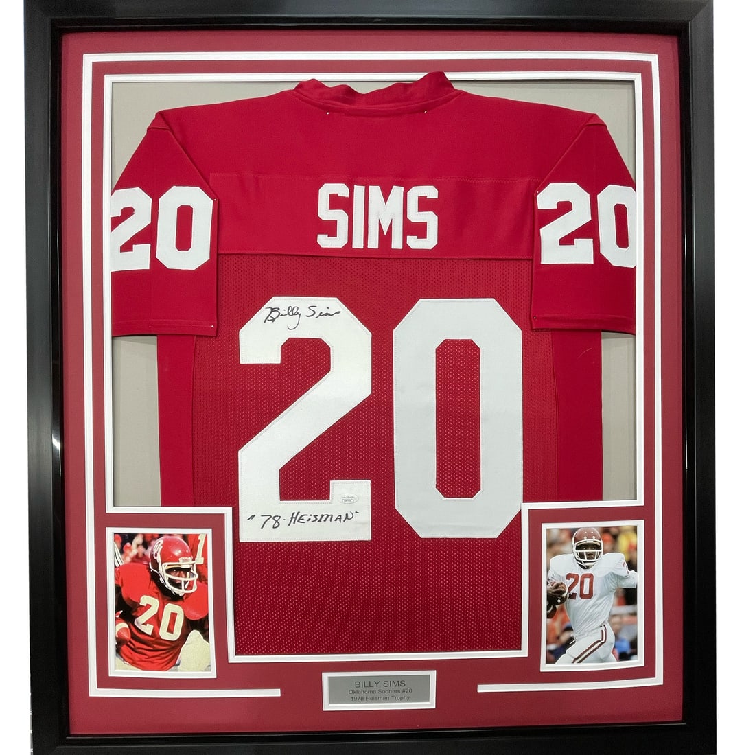 Framed Autographed Billy Sims Oklahoma Sooners Jersey JSA COA 33x42: Framed Autographed Billy Sims Oklahoma Sooners Jersey JSA COA 33x42 Showcase your love for college football with this professionally framed and autographed jersey of Billy Sims, a standout player for 