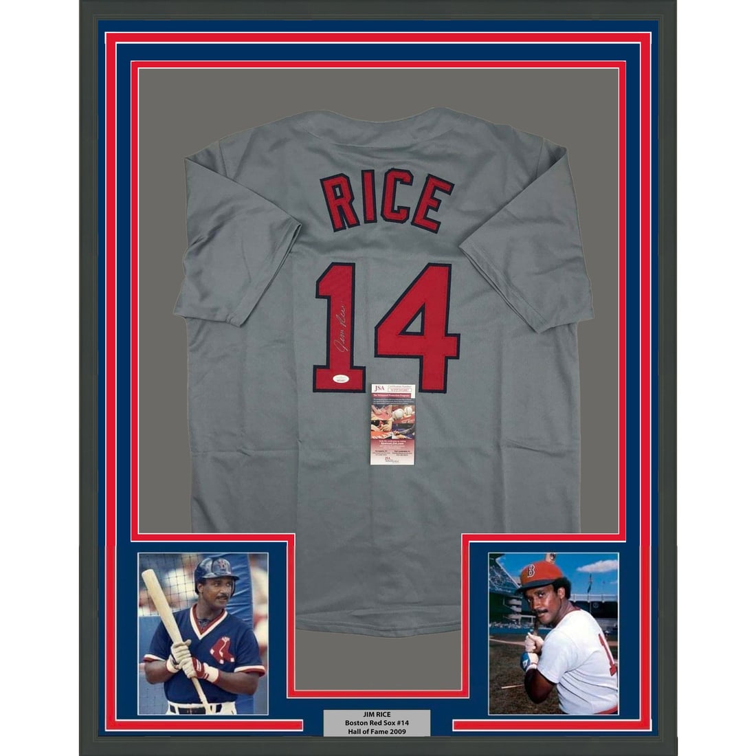Jim Rice signed Boston Red Sox framed jersey JSA COA 33x42: Jim Rice signed Boston Red Sox framed jersey JSA COA 33x42 This professionally framed and matted Boston Red Sox grey baseball jersey features the authentic signature of Jim Rice. The display includes 