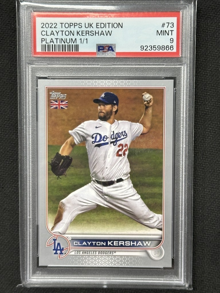 Clayton Kershaw 2022 Topps UK Platinum Foil PSA 9 Dodgers Card #73: Clayton Kershaw 2022 Topps UK Platinum Foil PSA 9 Dodgers Card #73 This is a 2022 Topps UK Platinum Foil baseball card featuring Clayton Kershaw, a prominent pitcher for the Los Angeles Dodgers. Grade