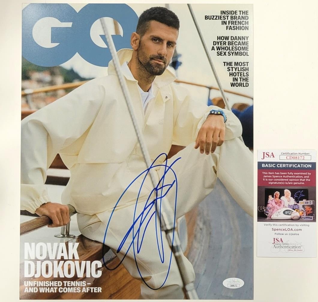 Novak Djokovic Signed GQ Magazine 11x14 Photo JSA Authenticated: Novak Djokovic Signed GQ Magazine 11x14 Photo JSA Authenticated Capture a piece of tennis history with this signed 11x14 photo of Novak Djokovic, featuring his iconic GQ Magazine cover. The photograph