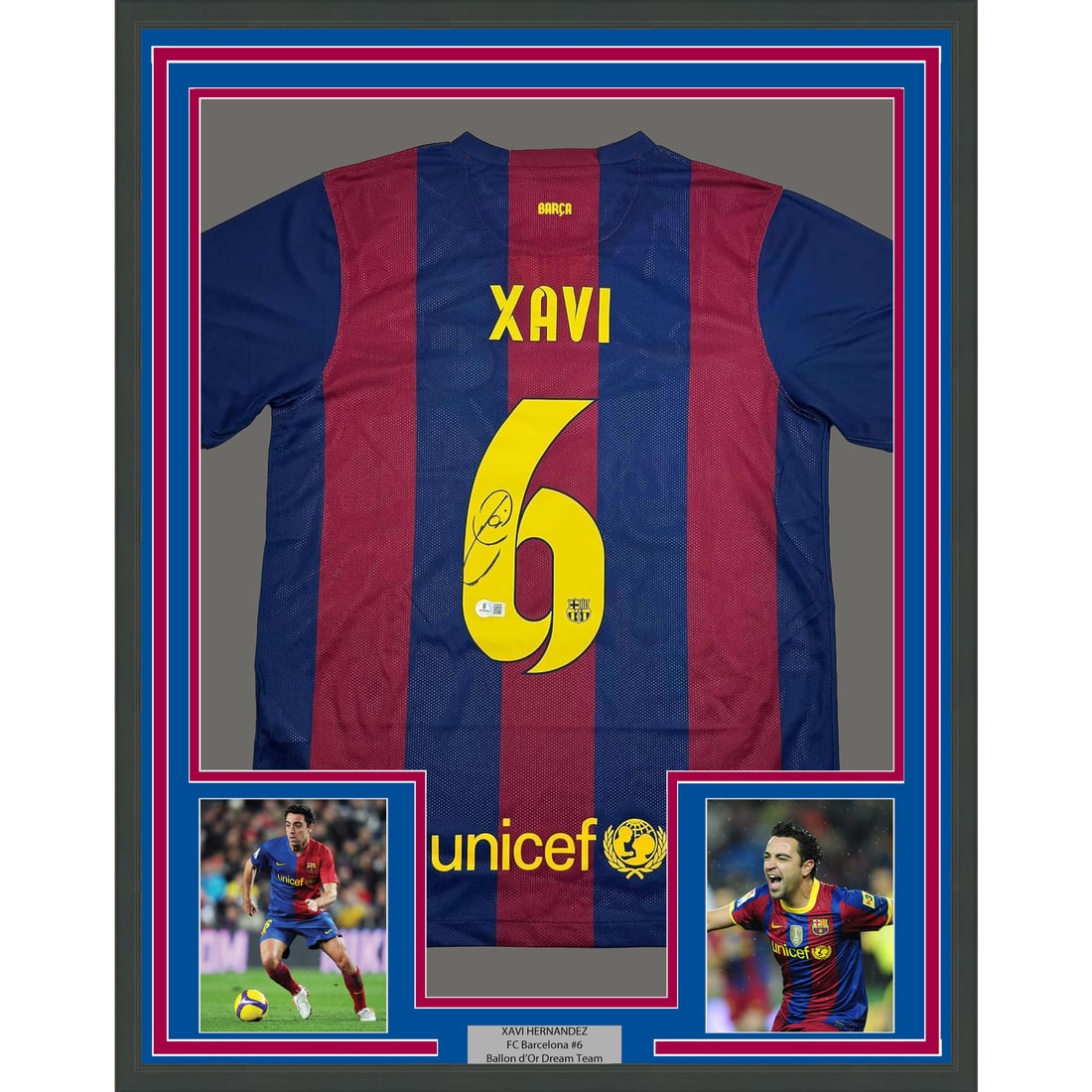 Framed Xavi FC Barcelona Autographed Jersey with Beckett COA 35x39: Framed Xavi FC Barcelona Autographed Jersey with Beckett COA 35x39 Celebrate the legacy of Xavi with this stunning framed autographed FC Barcelona blue jersey. Measuring 35x39 inches, this piece is pr