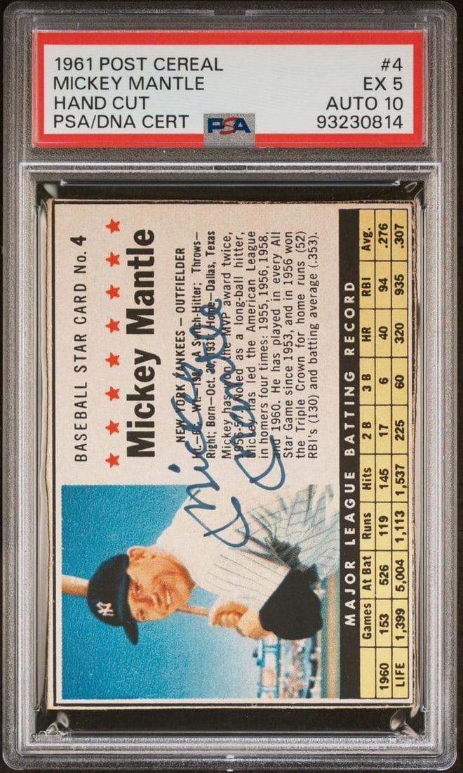 1961 Mickey Mantle Signed Post Cereal Card PSA 5 AUTO 10: 1961 Mickey Mantle Signed Post Cereal Card PSA 5 AUTO 10 This is a 1961 Post Cereal Hand Cut #4 card featuring the legendary Mickey Mantle, renowned for his time with the New York Yankees. The card is