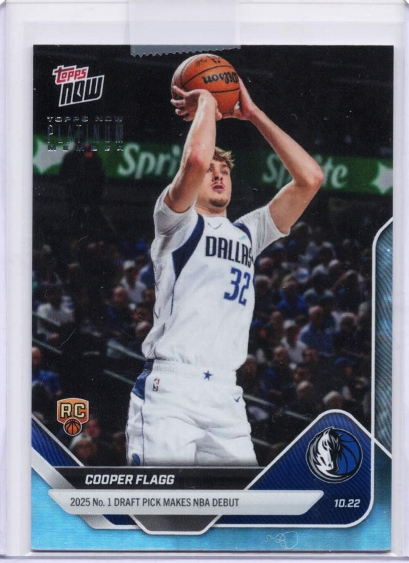 Cooper Flagg Rookie Card 2025 Topps Now Platinum Member Dallas Mavericks NBA: Cooper Flagg Rookie Card 2025 Topps Now Platinum Member Dallas Mavericks NBA This is an original 2025 Topps Now Cooper Flagg #P6 Platinum Member Rookie RC basketball card featuring Cooper Flagg of the