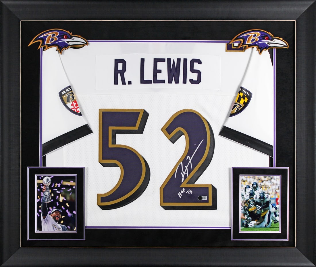 Framed Ray Lewis White Signed Jersey With HOF 18 Inscription BAS Witnessed (1 of 2)