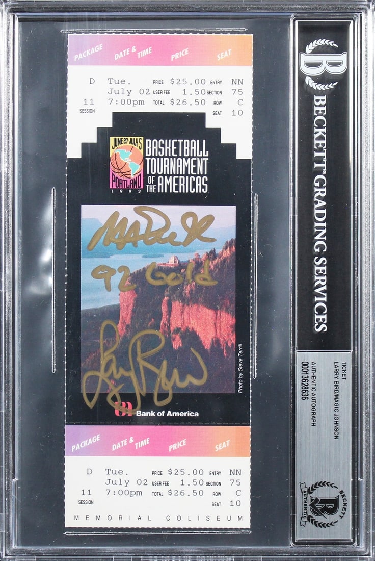 Magic Johnson Larry Bird Signed 1992 TOTA Ticket Stub BAS Authenticated: Magic Johnson Larry Bird Signed 1992 TOTA Ticket Stub BAS Authenticated Celebrate basketball history with this authentic 1992 Basketball Tournament of the Americas ticket stub, personally signed by le
