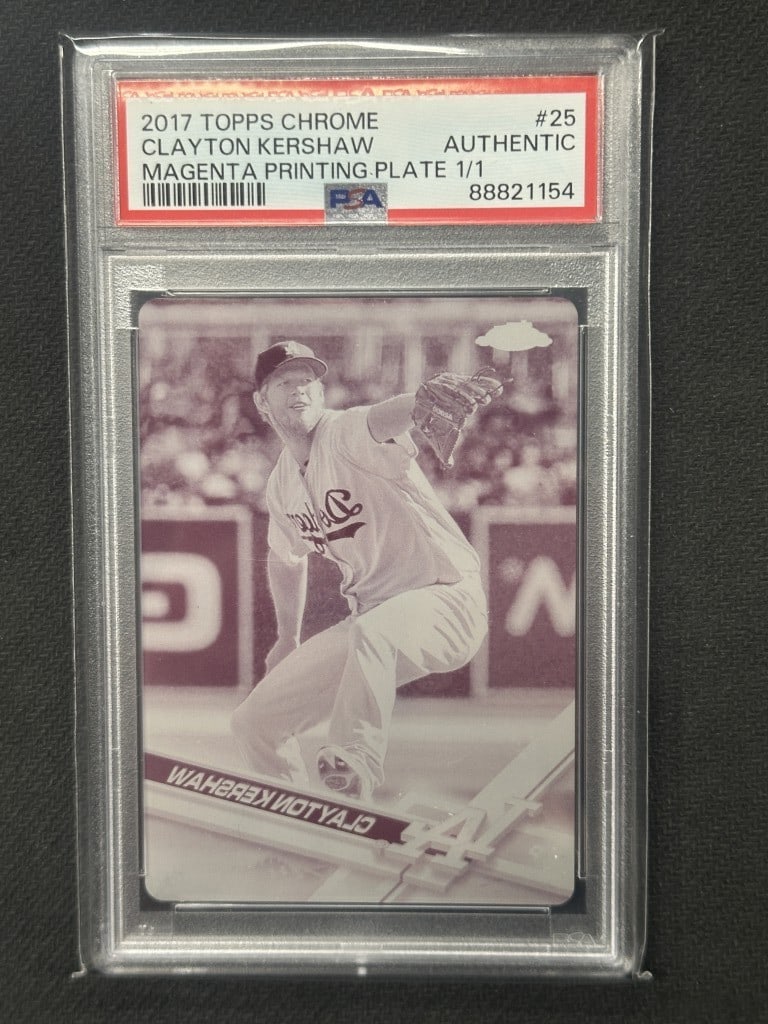 Clayton Kershaw 2017 Topps Chrome Magenta Printing Plate 1/1 PSA Authentic #25: Clayton Kershaw 2017 Topps Chrome Magenta Printing Plate 1/1 PSA Authentic #25 This unique Clayton Kershaw 2017 Topps Chrome Magenta Printing Plate is a must-have for any serious baseball card collect