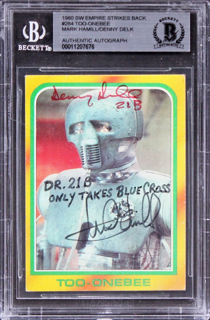 Mark Hamill Denny Delk Signed 1980 Star Wars Card BAS Authenticated: Mark Hamill Denny Delk Signed 1980 Star Wars Card BAS Authenticated This autographed card features the signatures of Mark Hamill and Denny Delk, both known for their roles in the Star Wars franchise. 