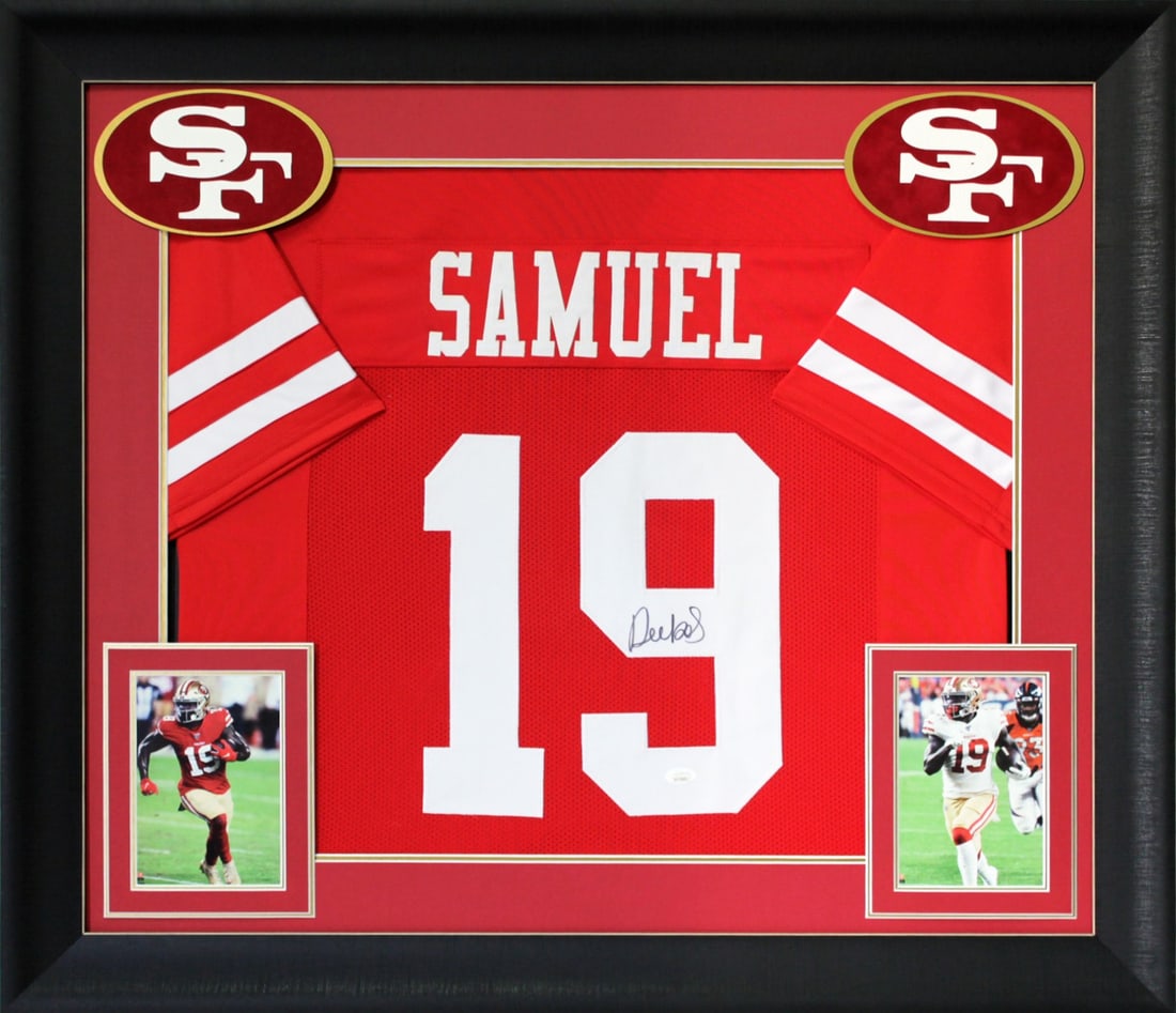 Deebo Samuel Autographed Red Framed Jersey San Francisco 49ers JSA Certified: Deebo Samuel Autographed Red Framed Jersey San Francisco 49ers JSA Certified This authentic red pro style framed jersey has been personally signed by Deebo Samuel of the San Francisco 49ers, making it