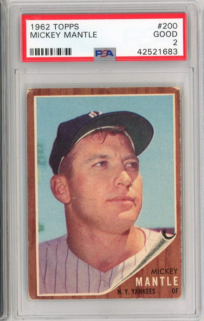 1962 Topps Mickey Mantle Card PSA Graded 2 Good Yankees Original: 1962 Topps Mickey Mantle Card PSA Graded 2 Good Yankees Original This is an original 1962 Topps Mickey Mantle #200 baseball card, professionally graded as PSA 2 (Good) by Professional Sports Authentic
