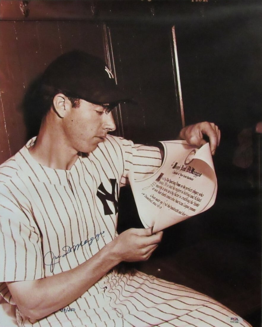 Joe DiMaggio Signed 16x20 Photo New York Yankees PSA/DNA Authentic: Joe DiMaggio Signed 16x20 Photo New York Yankees PSA/DNA Authentic Celebrate the legacy of baseball legend Joe DiMaggio with this original, autographed 16x20 photo featuring the iconic New York Yankee
