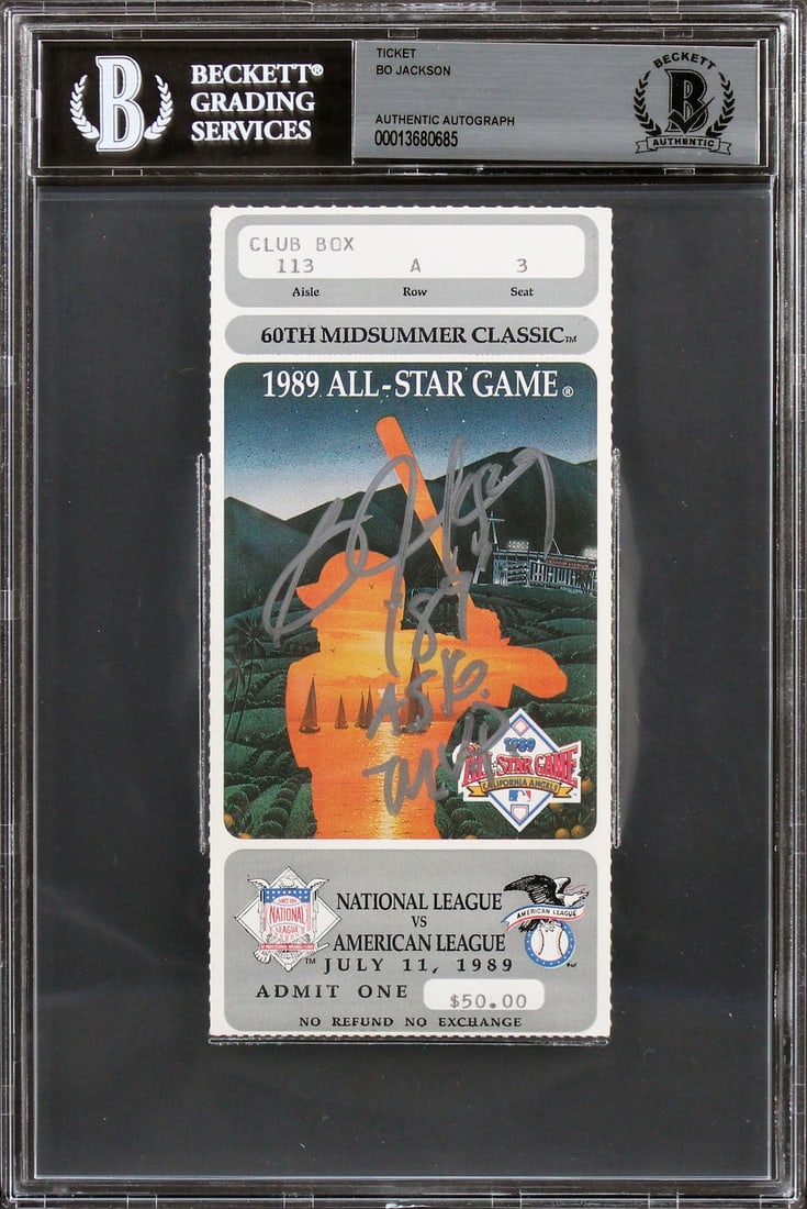 Bo Jackson Signed 1989 ASG Ticket Stub Kansas City Royals BAS Authenticated: Bo Jackson Signed 1989 ASG Ticket Stub Kansas City Royals BAS Authenticated This autographed 1989 MLB All Star Game ticket stub features the inscription "89 ASG MVP" and has been personally signed by 