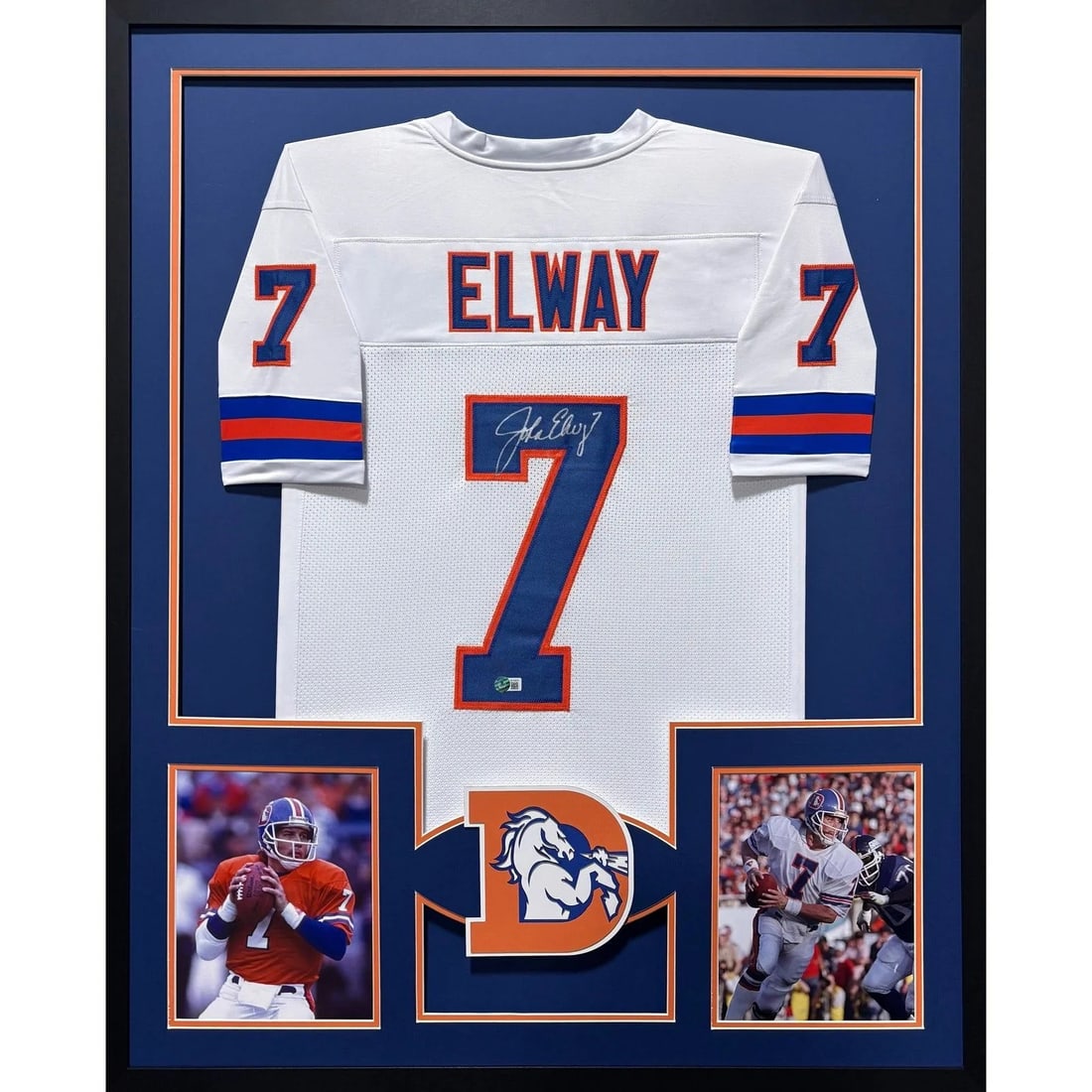 Beckett authenticated John Elway Broncos framed white jersey: Beckett authenticated John Elway Broncos framed white jersey This is a framed white Denver Broncos jersey autographed by John Elway. The jersey is authenticated by Beckett and includes a tamper-proof 