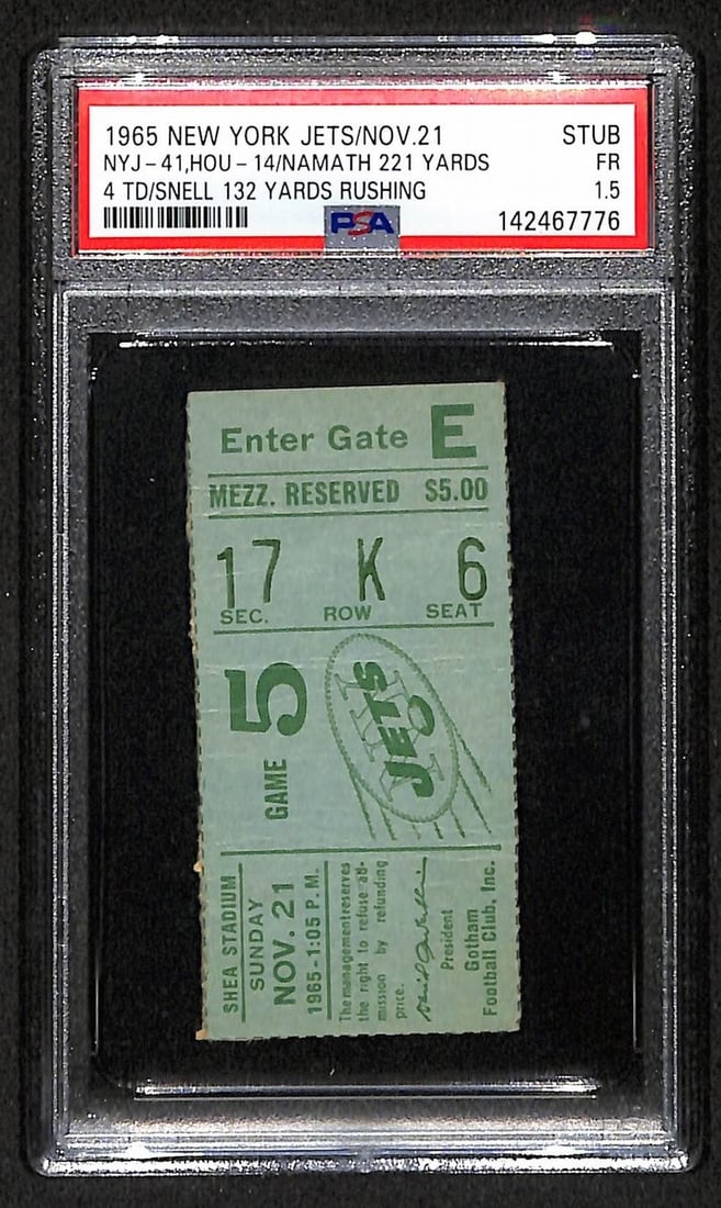 1965 New York Jets Ticket Stub Joe Namath Four Touchdowns PSA DNA FR 1.5 (1 of 2)