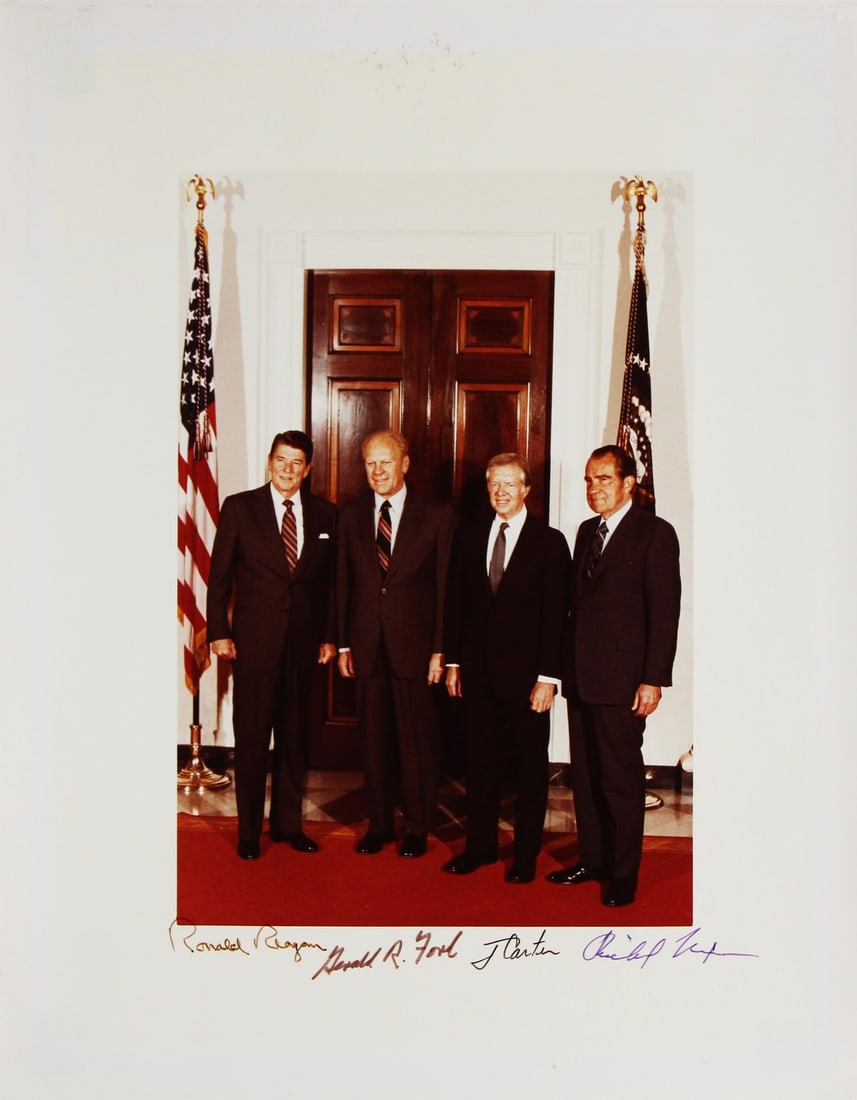 Signed 11x14 Photo of Reagan Ford Carter Nixon with Beckett COA: Signed 11x14 Photo of Reagan Ford Carter Nixon with Beckett COA This remarkable 11x14 photo features the autographs of four U.S. Presidents: Ronald Reagan, Gerald Ford, Jimmy Carter, and Richard Nixon