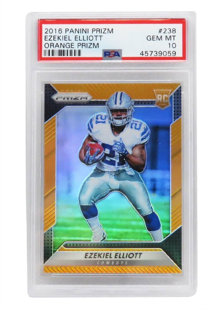 Ezekiel Elliott 2016 Panini Prizm #238 Orange Rookie Card PSA 10 GEM MINT Limited Edition: Ezekiel Elliott 2016 Panini Prizm #238 Orange Rookie Card PSA 10 GEM MINT Limited Edition This Ezekiel Elliott 2016 Panini Prizm #238 Orange Prizm rookie card is a must-have for any football enthusias