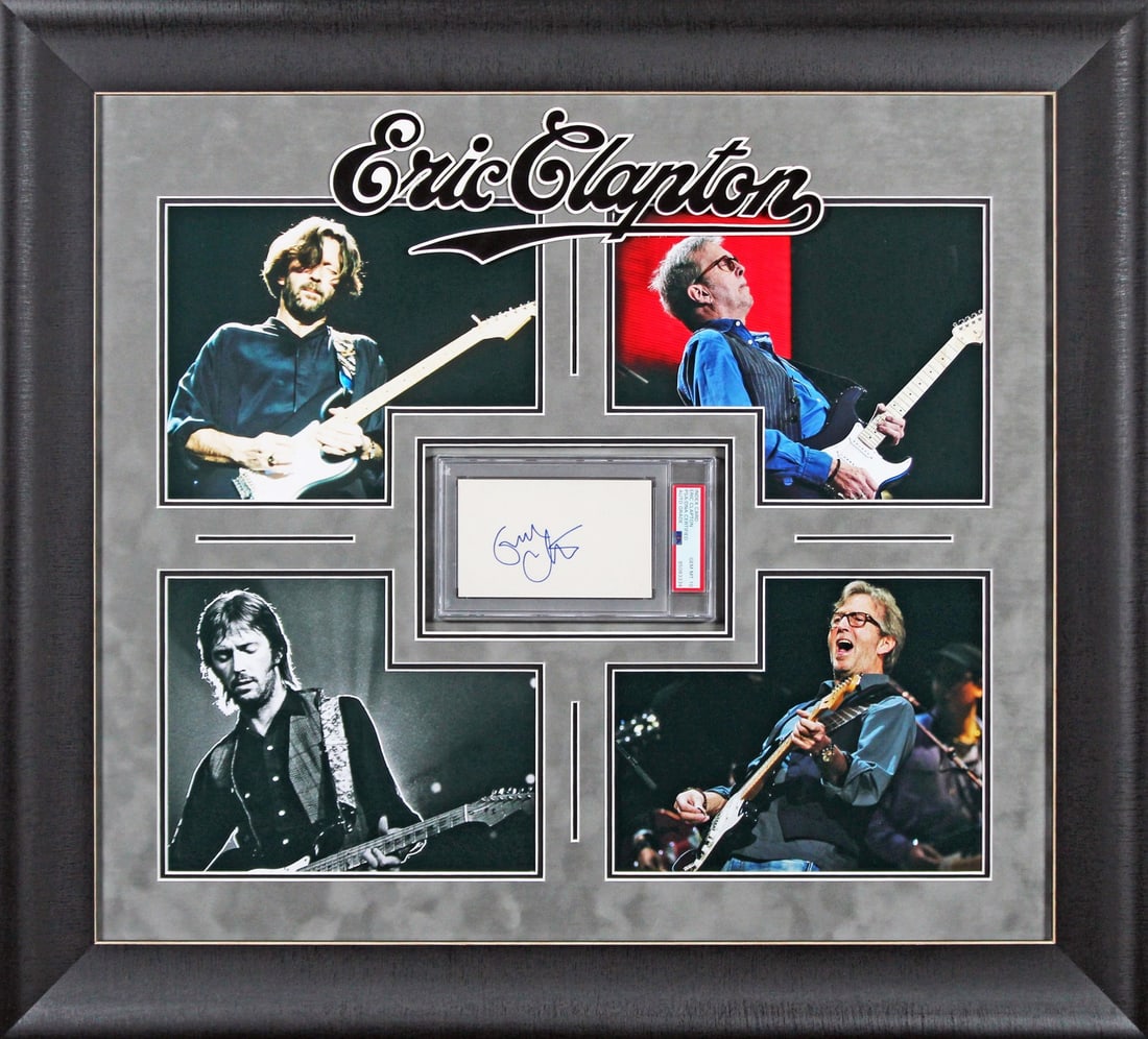 Eric Clapton Signed Framed 3x5 Index Card Auto Gem Mint 10 PSA: Eric Clapton Signed Framed 3x5 Index Card Auto Gem Mint 10 PSA This framed 3x5 index card features an authentic signature from the legendary Eric Clapton, graded Gem Mint 10 by PSA/DNA. The card is 10