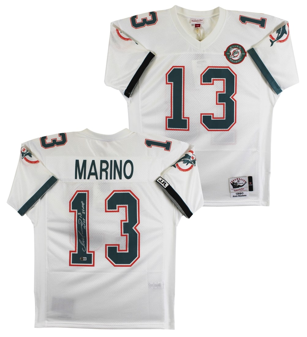 Dan Marino signed Miami Dolphins Mitchell Ness 1990 throwback jersey BAS: Dan Marino signed Miami Dolphins Mitchell Ness 1990 throwback jersey BAS This is an original Miami Dolphins white 1990 Silver Season Throwback Mitchell & Ness jersey, personally signed by Dan Marino. 