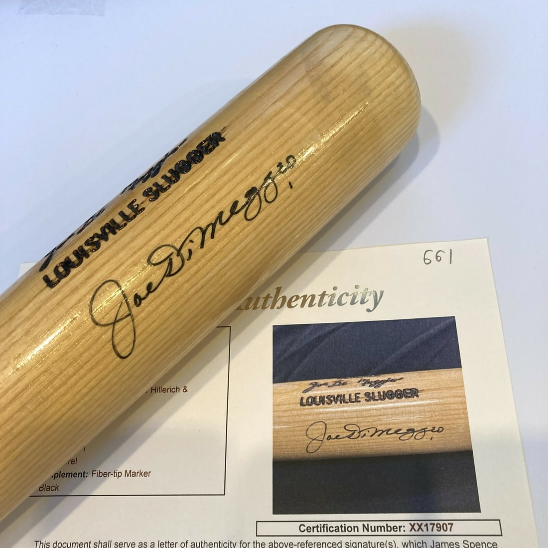Joe DiMaggio Signed Baseball Bat with JSA Certificate: Joe DiMaggio Signed Baseball Bat with JSA Certificate This is a stunning game model baseball bat signed by the legendary Joe DiMaggio. The bat is authenticated by James Spence Authentication (JSA) and